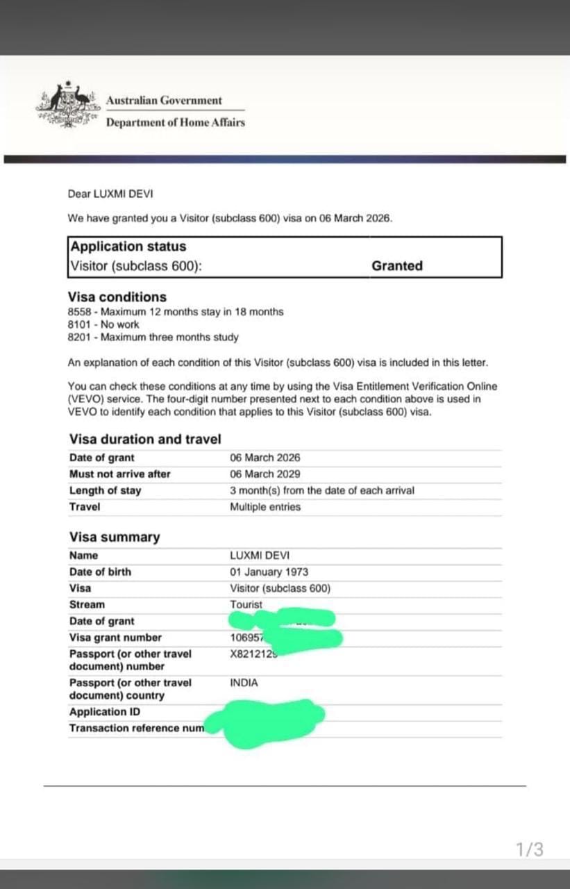 Australian Government Visitor Visa Grant - Luxmi Devi